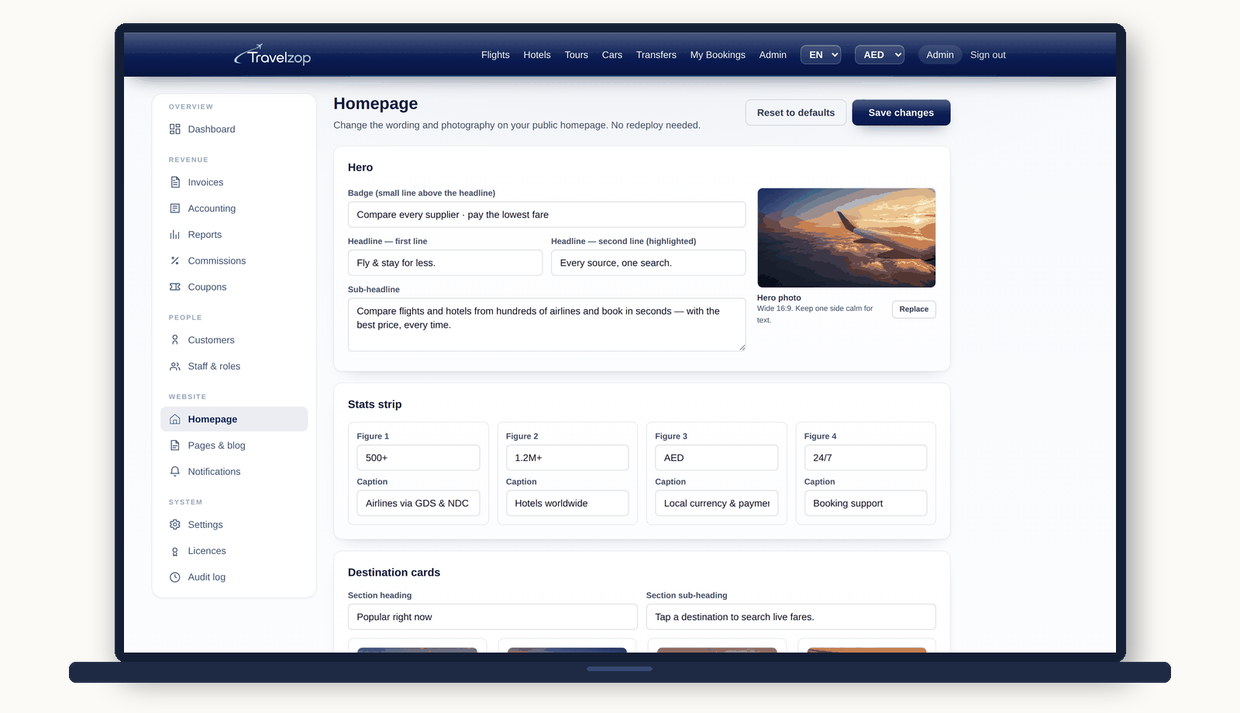 The Travelzop admin homepage editor, showing editable hero copy, destination cards and product tiles