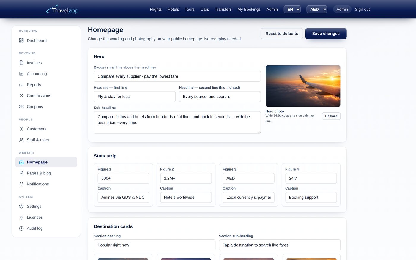 The homepage editor listing editable hero copy, destination cards and product tiles